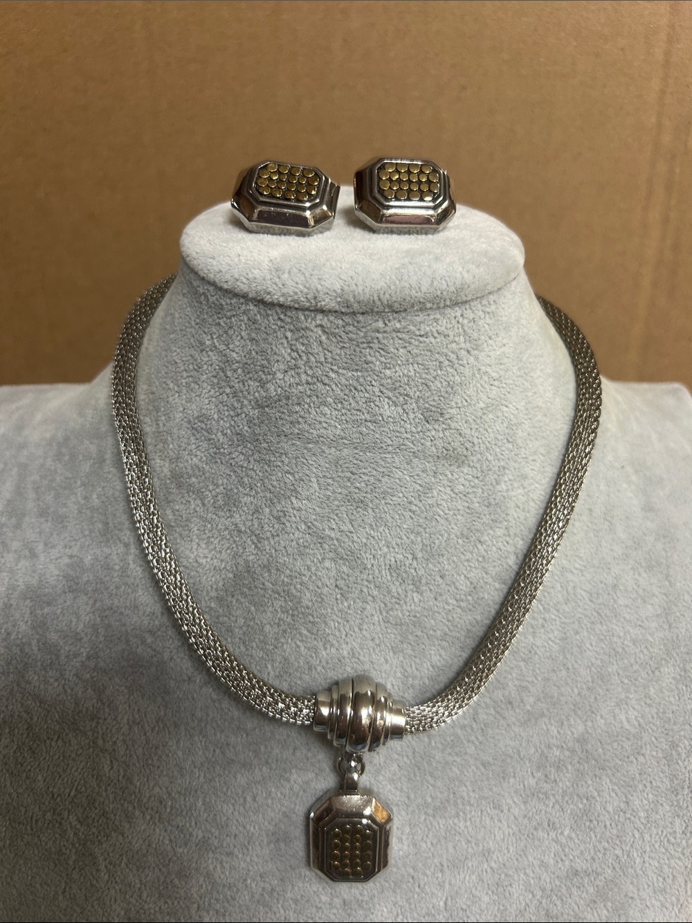 Silver Tone Necklace and clip earring Set with Gold Accent Pendant